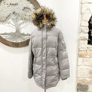 Lauren Ralph Lauren Long Down Puffer Jacket Coat Fur Trimmed Hood Gray XL